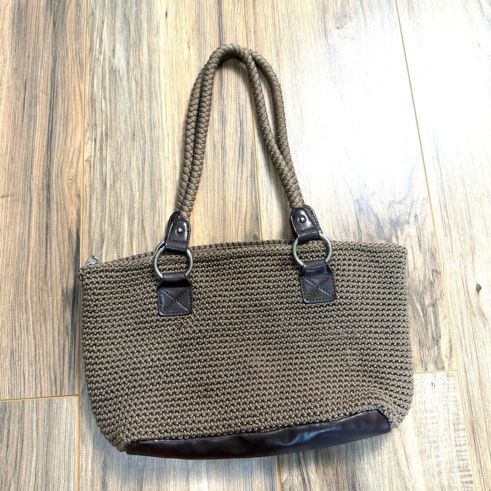 Croft & Barrow Tan Brown Crochet Knit Shoulder Bag Braided Handles 13" x 7" Y2K